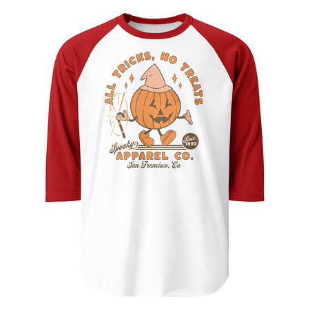[ID: 233-G47] All Tricks No Treats - Pumpkin Mascot Unisex 3/4 Sleeve Raglan Shirt