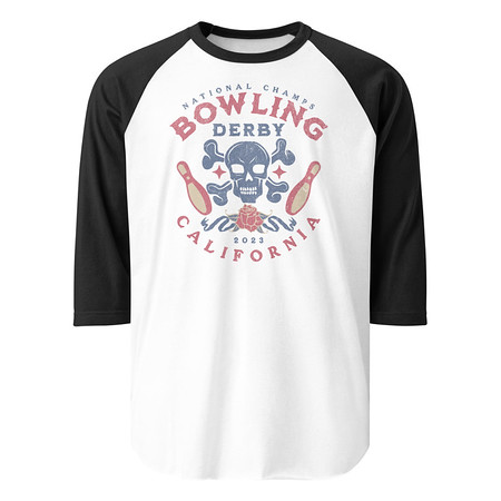 [ID: 233-G276] Bowling Derby Champs - Grunge Skull Unisex 3/4 Sleeve Raglan Shirt