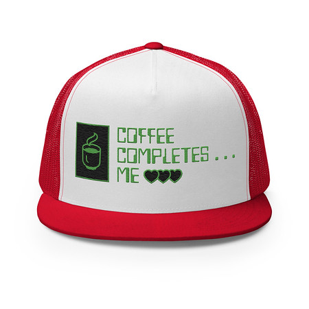 [ID: 100-G397] Coffee Completes Me - Neon Heart 5 Panel Trucker Cap