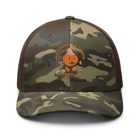 [ID: 680-G47] All Tricks No Treats - Pumpkin Mascot Camouflage Trucker Hat