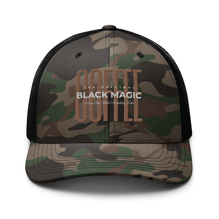 [ID: 680-G226] Black Magic - Minimal Modern Coffee Quote Camouflage Trucker Hat
