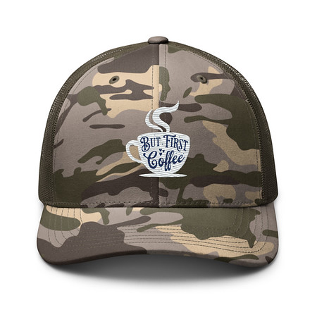[ID: 680-G300] But First Coffee - Hand Lettering Typography Camouflage Trucker Hat