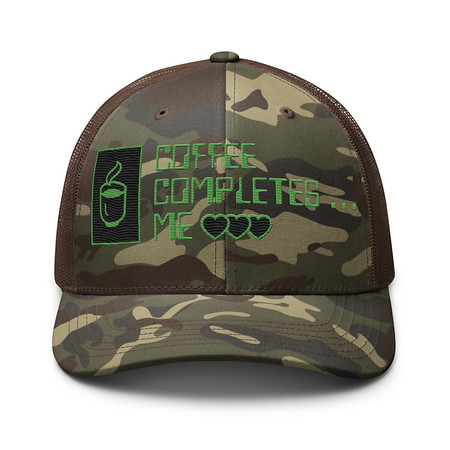 [ID: 680-G397] Coffee Completes Me - Neon Heart Camouflage Trucker Hat