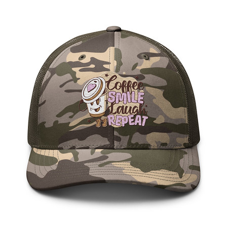 [ID: 680-G402] Coffee is Happiness - Retro Cartoon Mascot Camouflage Trucker Hat