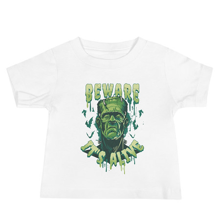 [ID: 305-G197] Beware of Frankenstein - Scary Halloween Baby Staple Tee